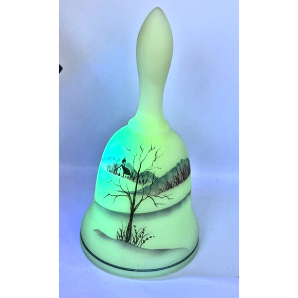 Fenton custard glass bell 1981 All is calm handpainted winter farm scene barn UV - Picture 1 of 7